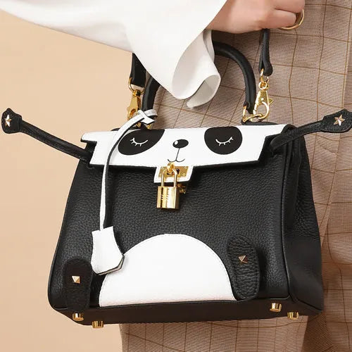 Cow leather panda handbag with animal print pattern in horizontal square design showing printing details