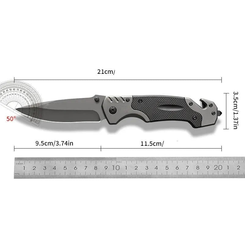 Alloy folding knife showing blade details and folded position with measurement indicators