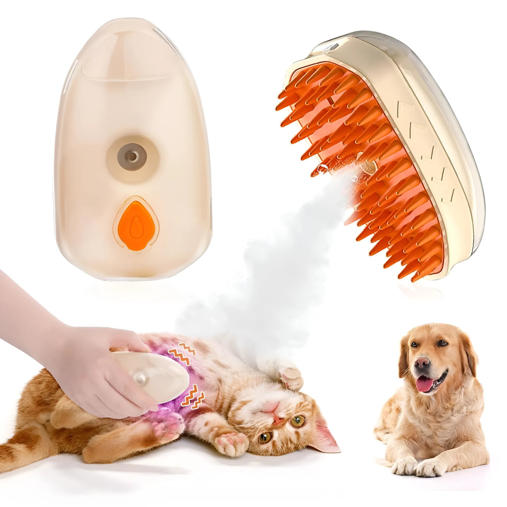 Yellow 4-in-1 cat steam brush with water tank, silicone bristles, and UV detection lamp.