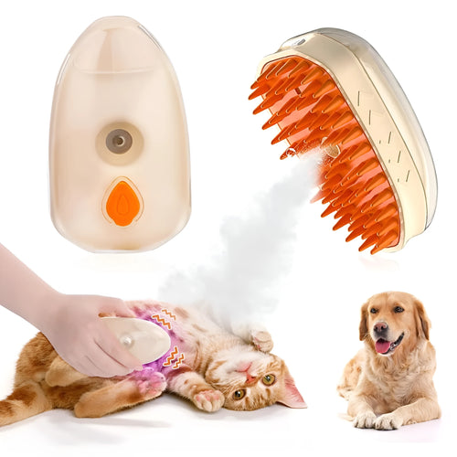 Yellow 4-in-1 cat steam brush with water tank, silicone bristles, and UV detection lamp.