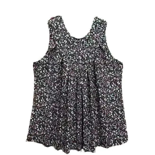 Black floral print plus size sleeveless vest on a hanger showing round neck and loose fit.