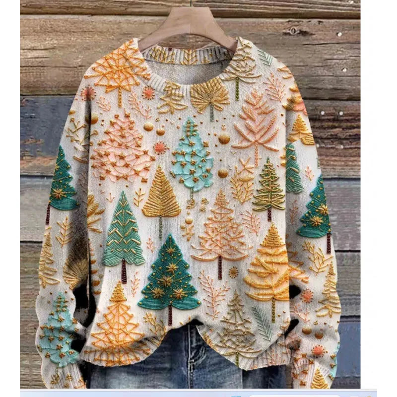 A round neck casual sweater with a small digital floral print, shown in one of thirteen available colours.