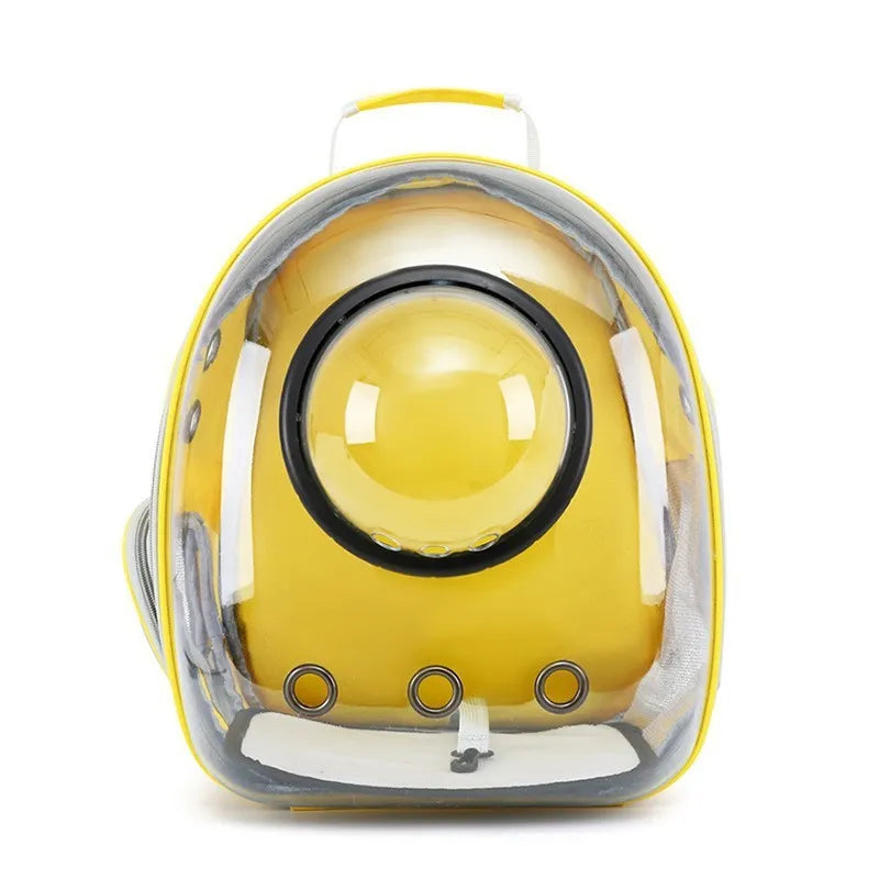 Grey PC astronaut-style pet carrier backpack with side-opening door for a cat.