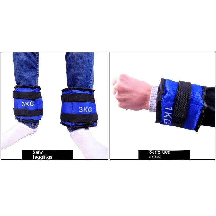 A pair of Oxford cloth legging sandbags for track and field running, showing adjustable weight options.