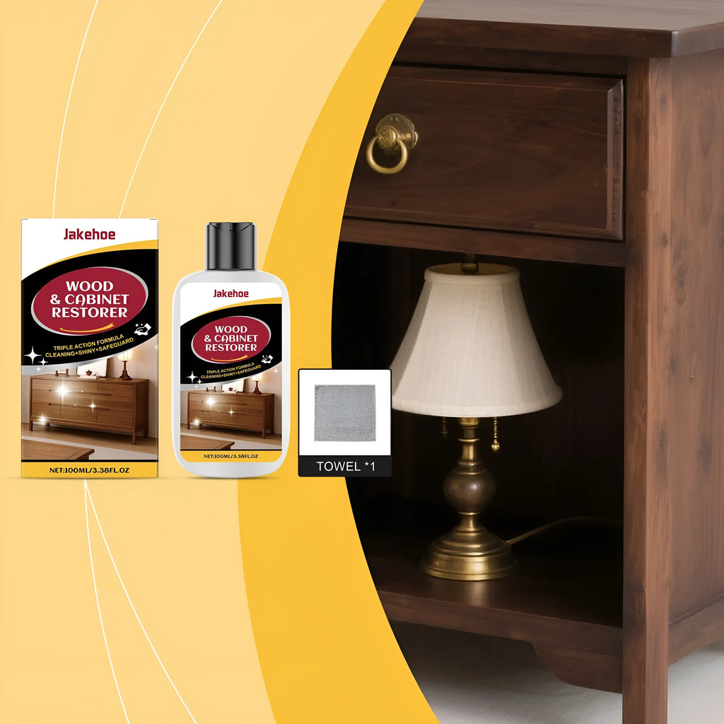 Wooden furniture scratch care kit showing 100ml bottle and microfiber towel on packaging