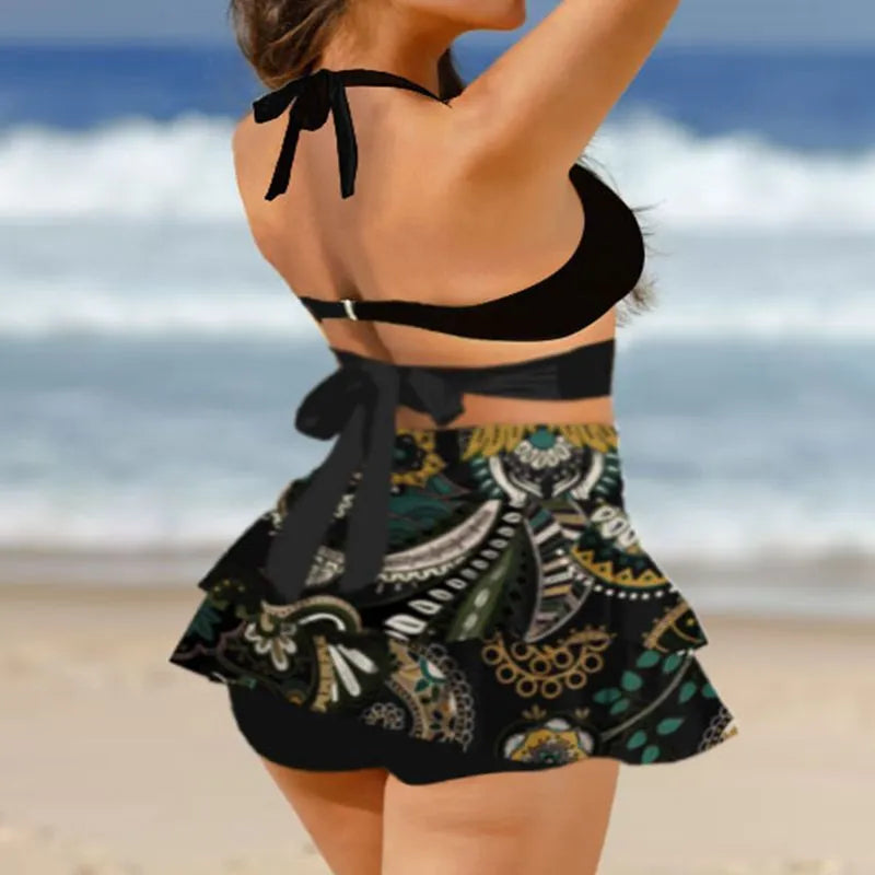 Women's purple lace-up backless bikini set with high-waisted skirt for swimming