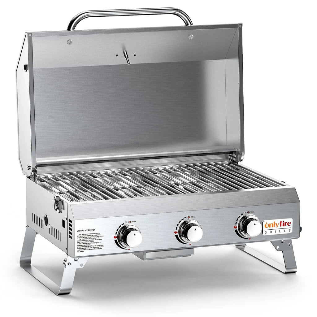 Silver stainless steel desktop gas barbecue grill with three burners and foldable legs