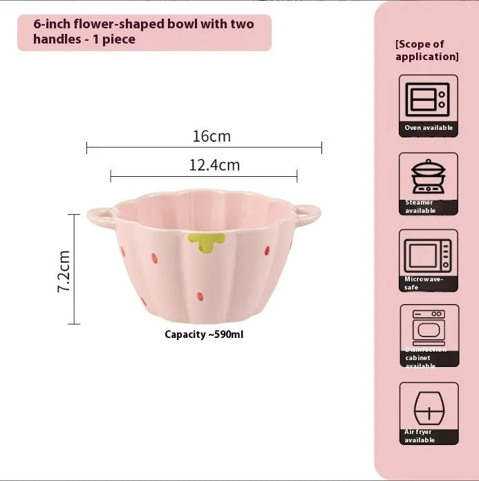 Strawberry pattern ceramic dinnerware set with bowls, plates and twist spoon