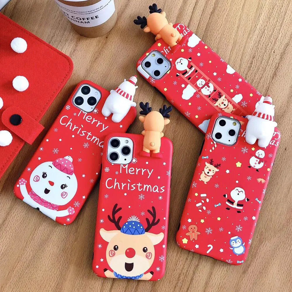 Red Christmas-themed silicone phone case on an iPhone, showing festive back cover design.