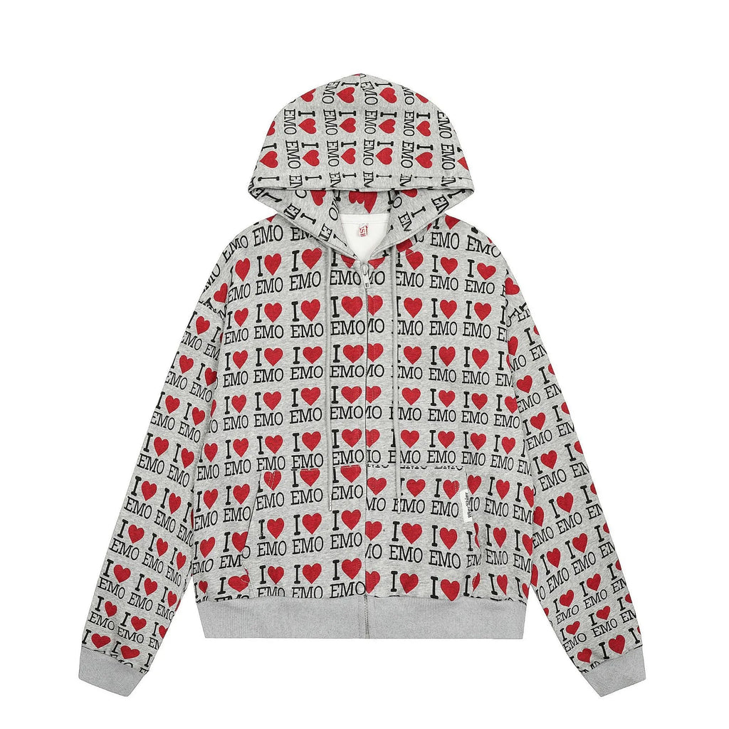 Women's melange grey hooded cardigan sweater with retro pattern street fashion design
