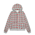 Women's melange grey hooded cardigan sweater with retro pattern street fashion design
