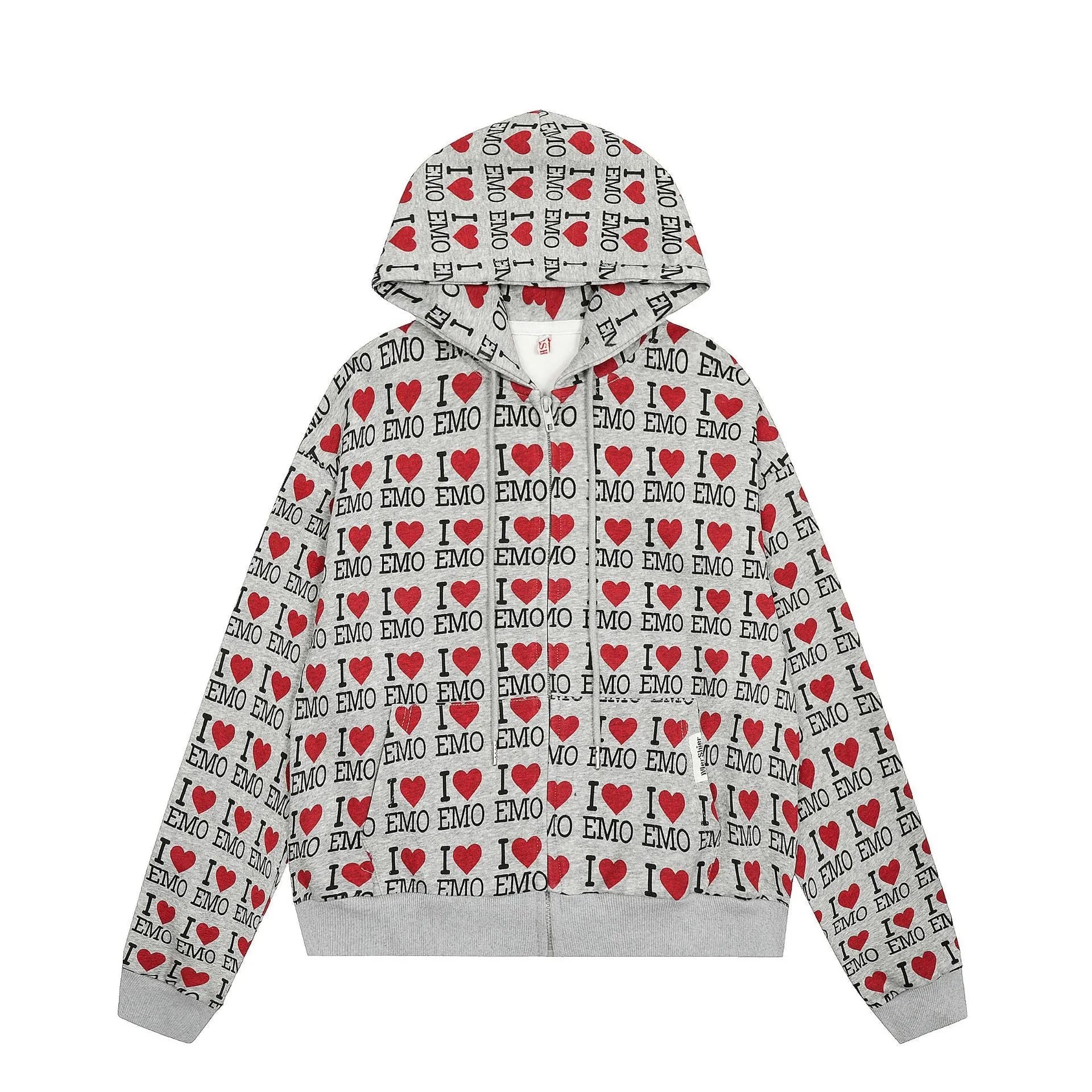 Women's melange grey hooded cardigan sweater with retro pattern street fashion design