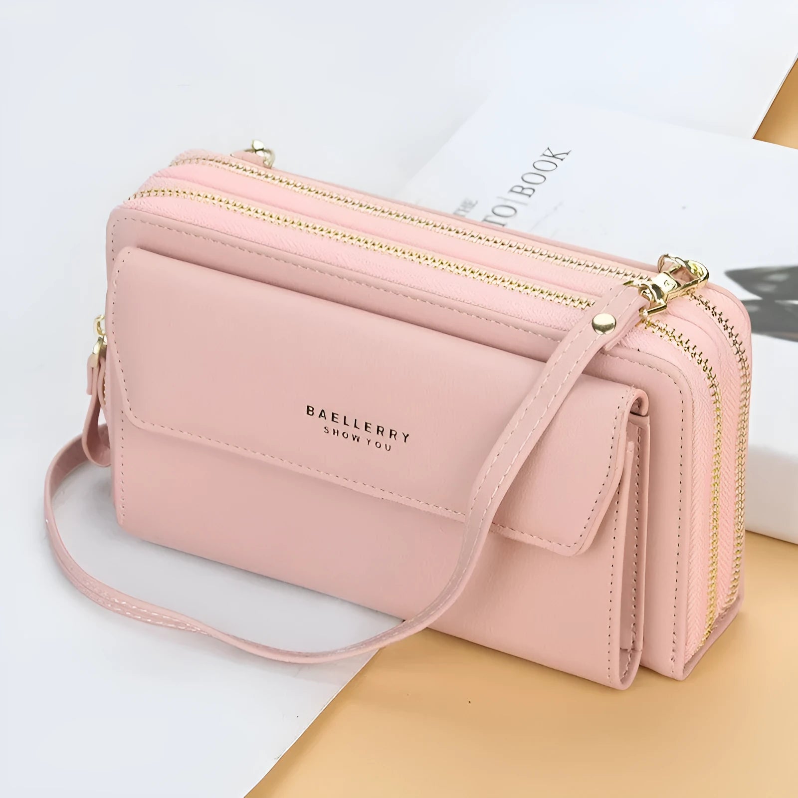 PU leather ladies long wallet with double zippers in horizontal square shape showing colour options