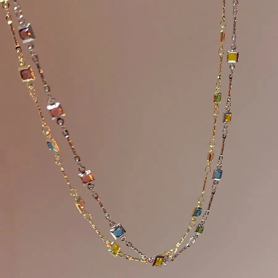 Square colour artificial crystal pendant on gold tone clavicle chain necklace with geometric design