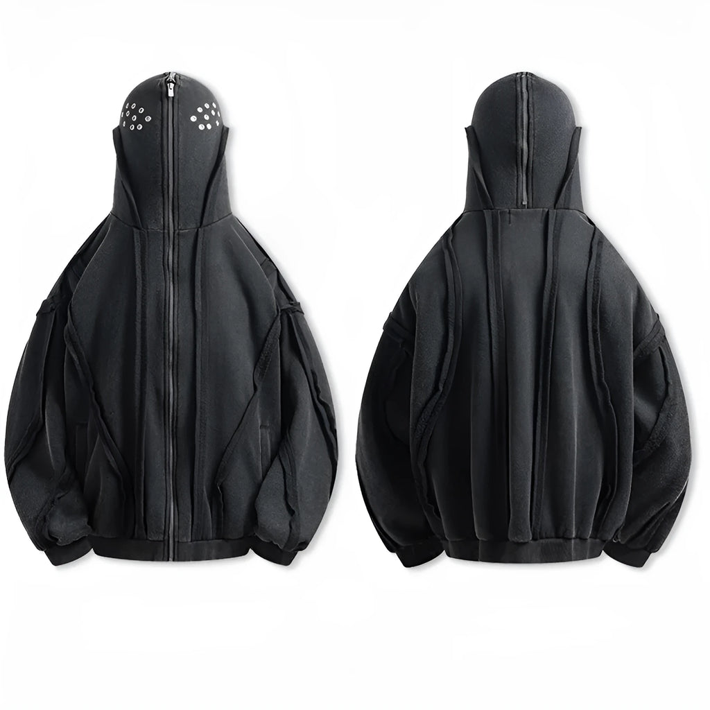 Black men's loose fit zip hooded coat with a retro abstract pattern, worn as a casual autumn jacket.