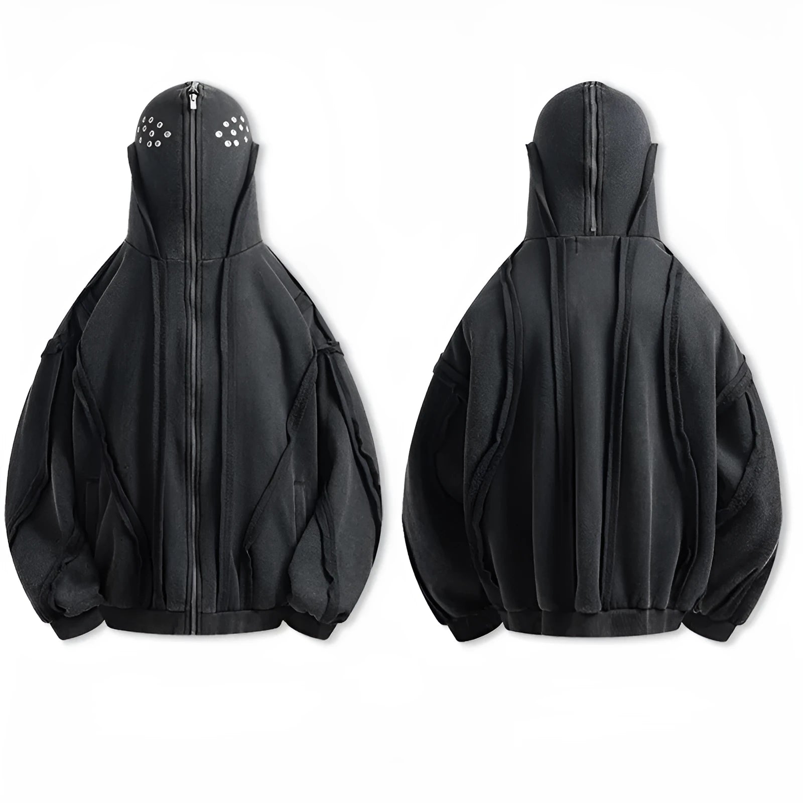 Black men's loose fit zip hooded coat with a retro abstract pattern, worn as a casual autumn jacket.