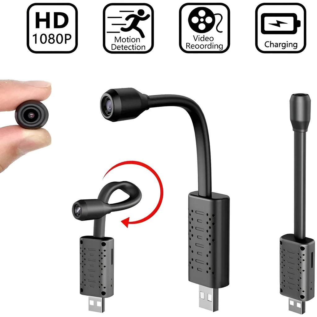 Black V380 wireless USB HD security camera measuring 158mm long with memory card support