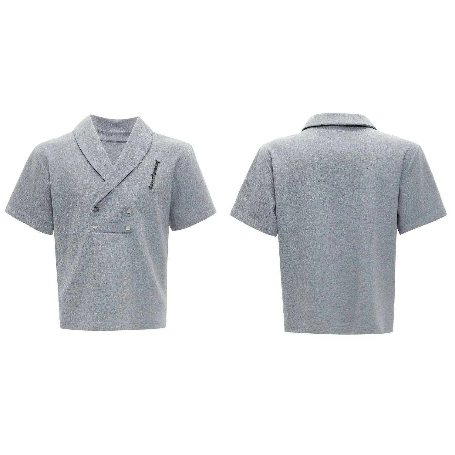 Men's dark grey cotton sports suit with metal embellishments, V-neck padded shoulders, short sleeves, and matching shorts
