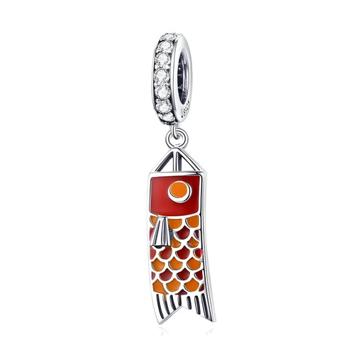 S925 sterling silver carp streamer pendant with zircon stone, 2.8cm tall