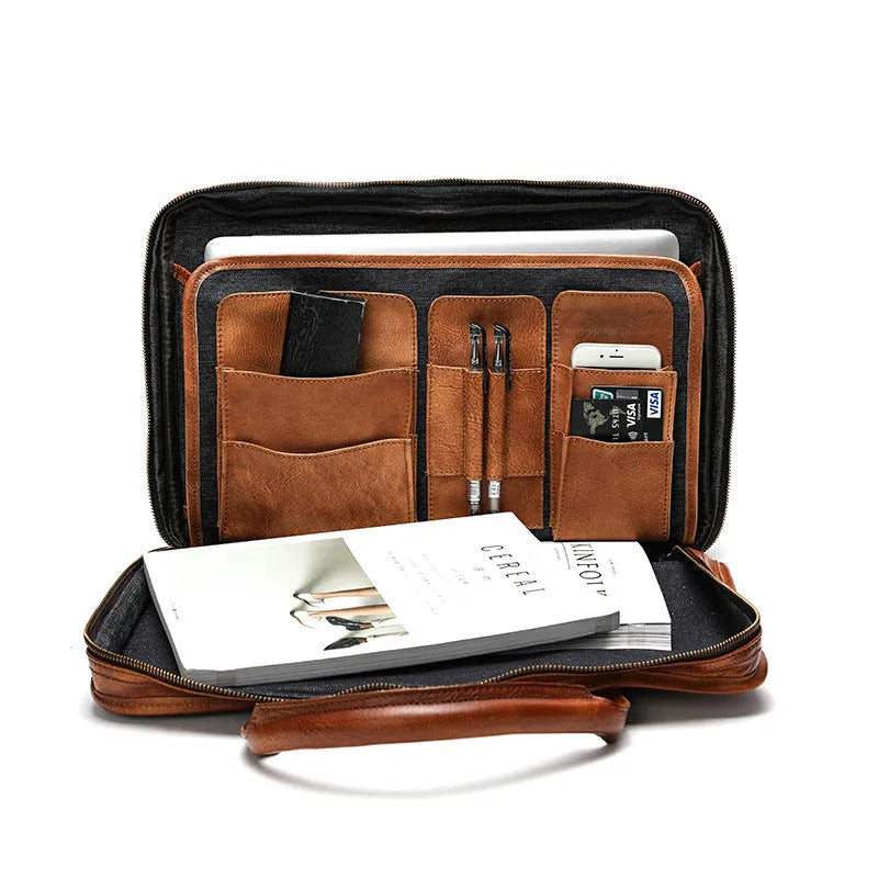 Vintage style leather men's briefcase with multiple internal pockets and 42x15x29cm dimensions