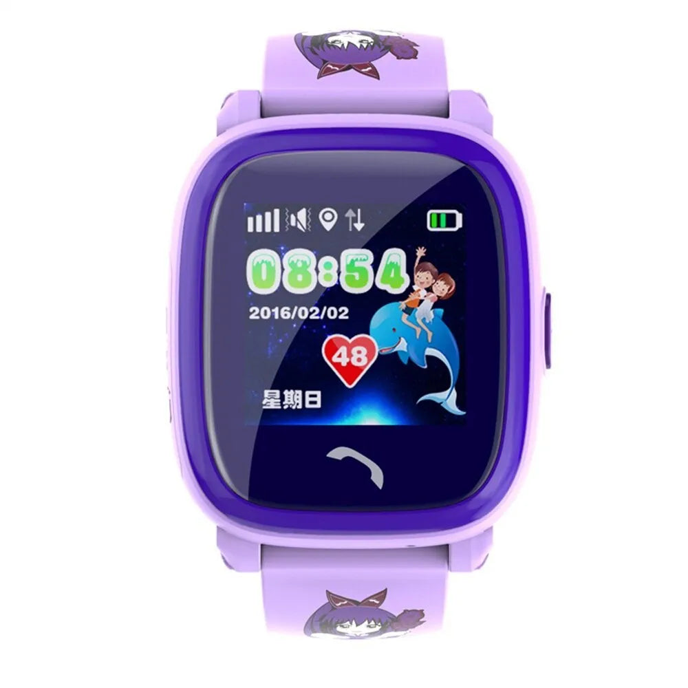 Blue children's waterproof smart watch with touch screen display and silicone wristband showing SOS button