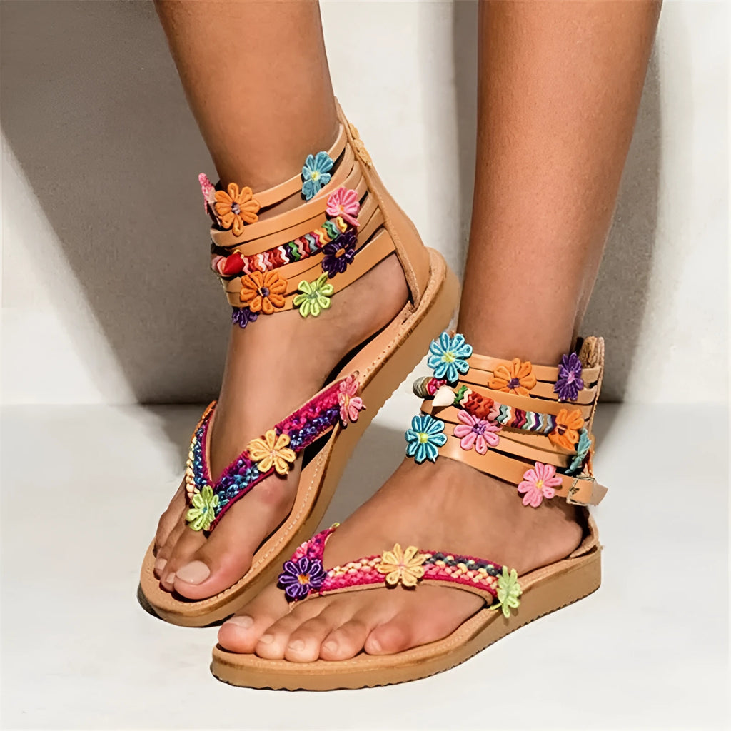 Ethnic style beaded petal sandals with floral design on PU upper, round toe Roman shoes