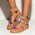 Ethnic style beaded petal sandals with floral design on PU upper, round toe Roman shoes