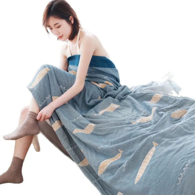 Thickened five-layer gauze pure cotton bed blanket in roulette wheel blue pattern.