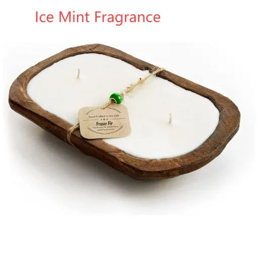 Lavender soy wax candle in wooden basin container with three wicks