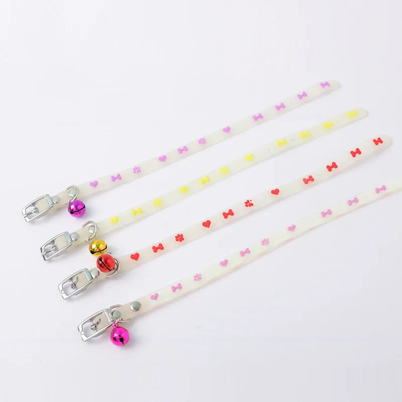 Cat wearing luminous collar with metal bell and adjustable 29cm silicone rope