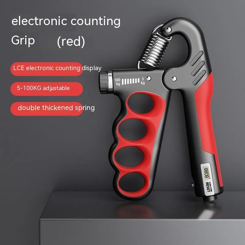 Adjustable electronic count spring grip hand exerciser with a digital counter display.