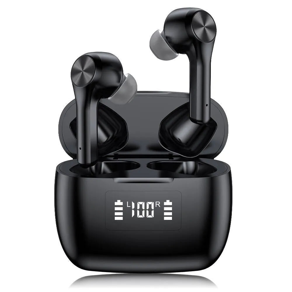 Cool black wireless stereo earphones with charging case showing noise reduction and Bluetooth 5.0 features