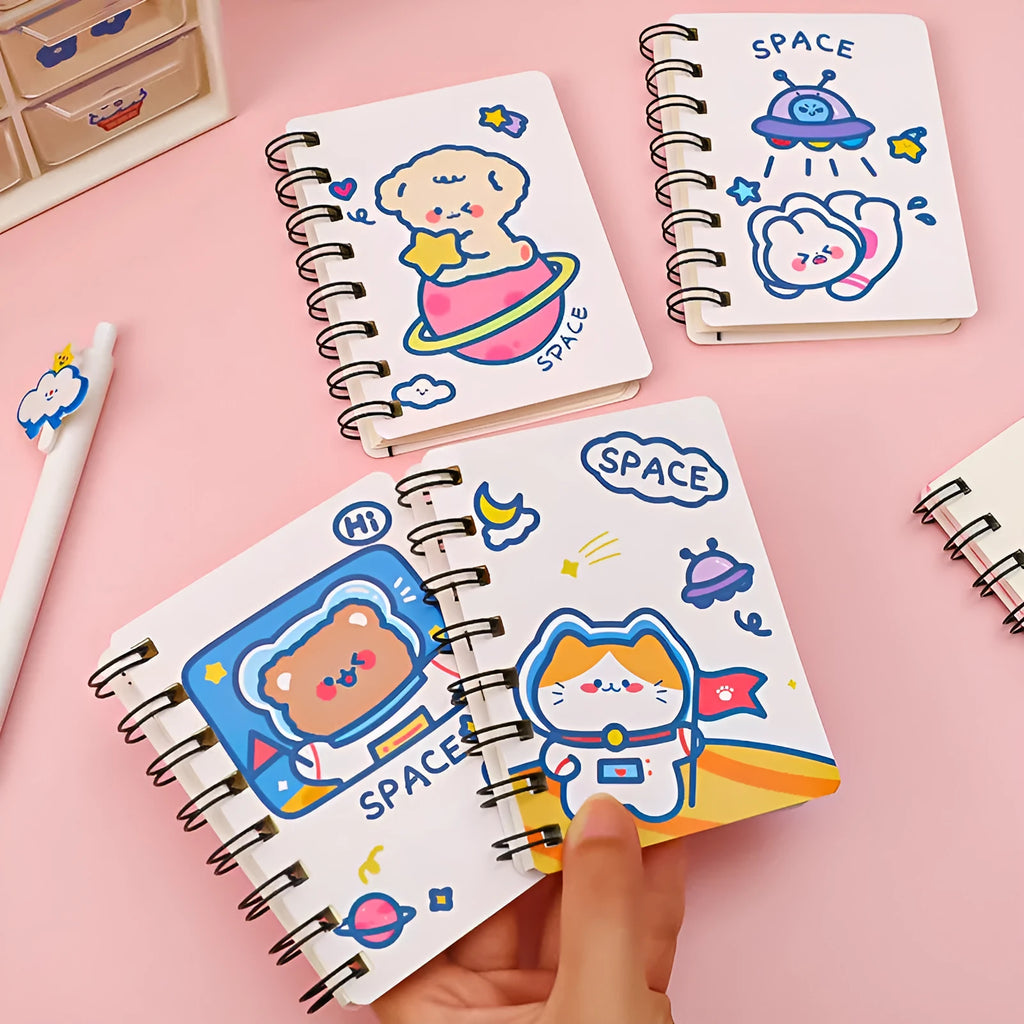 Astronaut series pocket flipper notebook showing one of four cover design options: Astronaut Bear, Planet Teddy, Space Cat, or UFO.