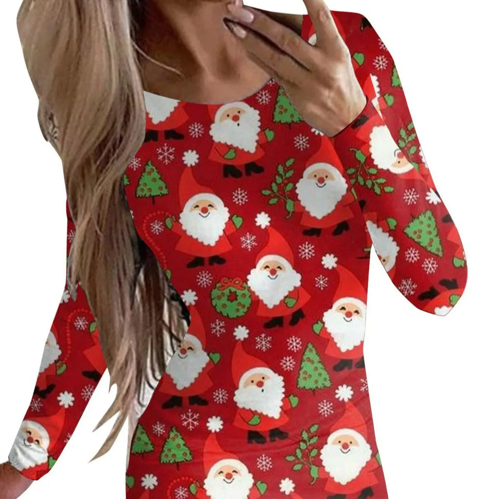 Women's tight-fitting Christmas dress with floral animal print, round neck, long sleeves, and a short hip skirt.