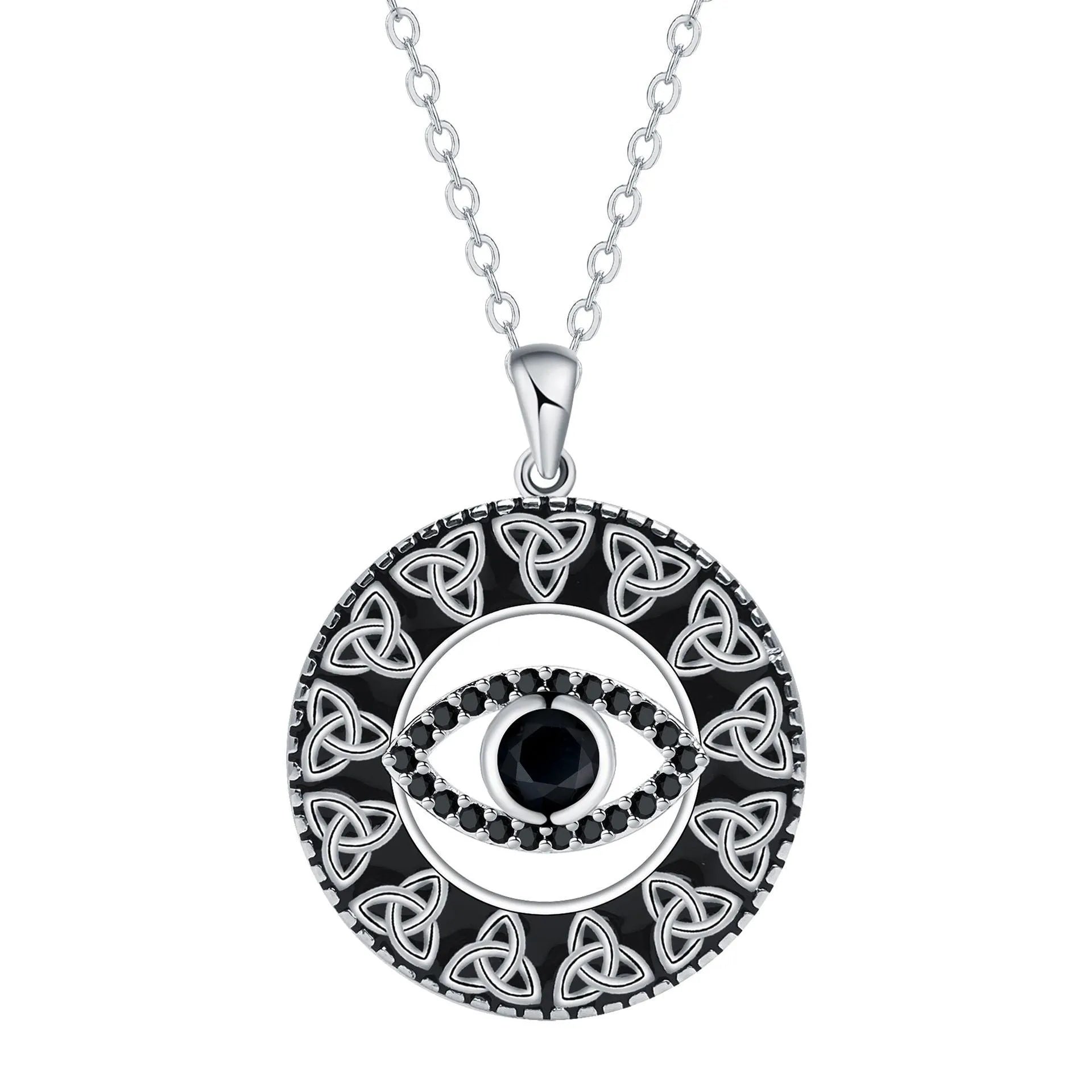 Devil's Eye necklace for women with copper pendant and cross chain in electroplated silver-tone finish