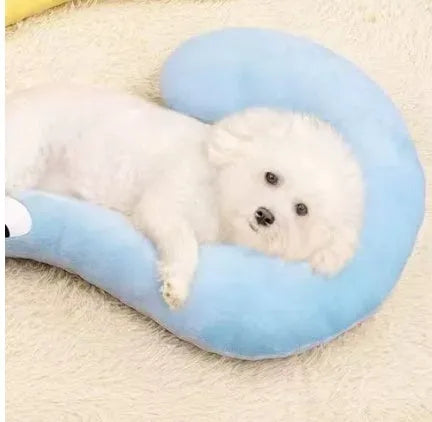 Cat pet bed mat with U-shaped neck pillow in blue, shown in a moon pillow style