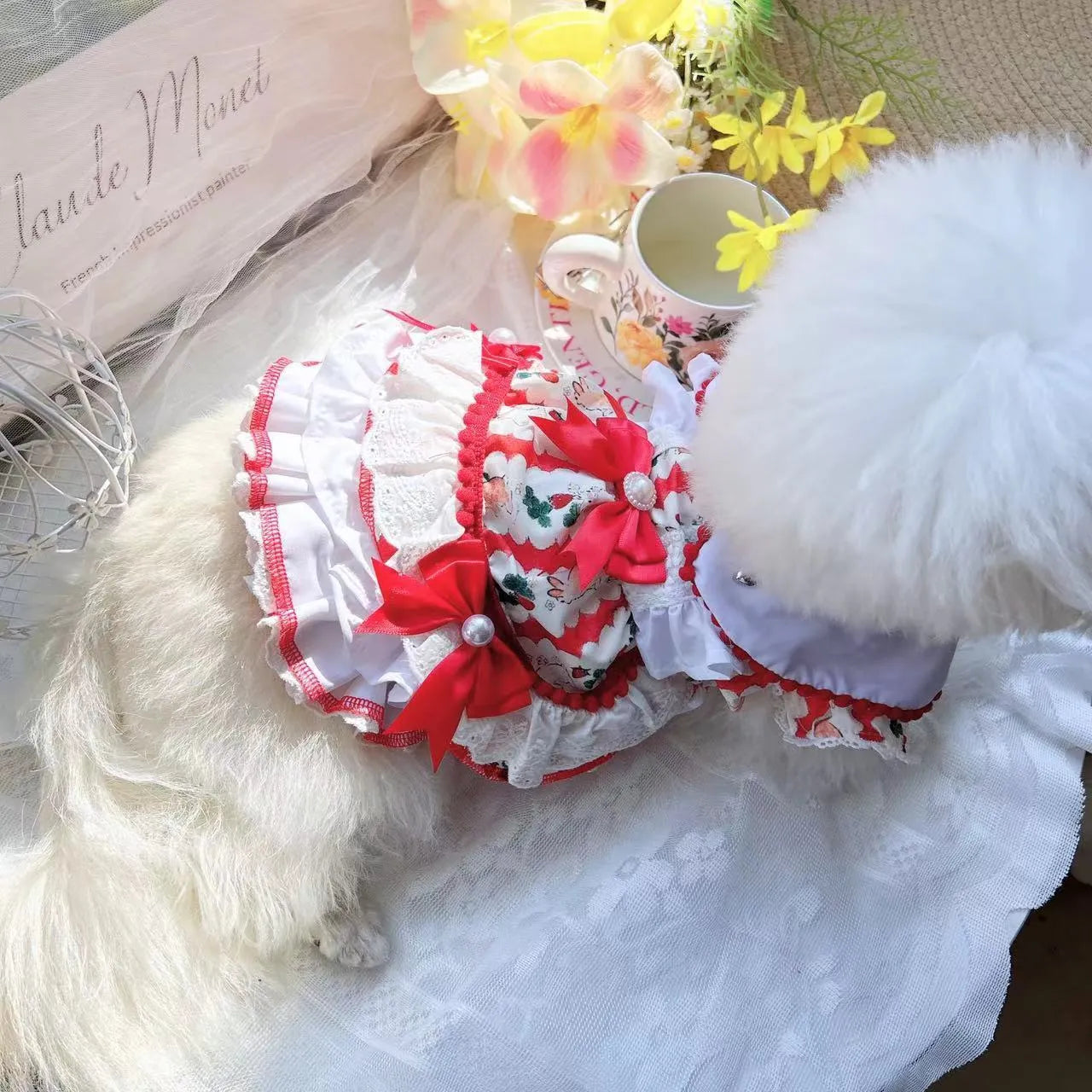 White polyester rabbit skirt costume for a small dog in princess style.