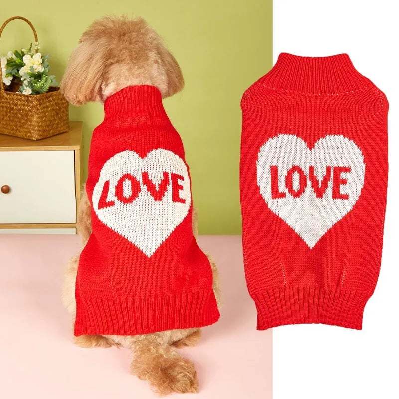 Red love heart dog sweater on small dog with bow design alternative colours available