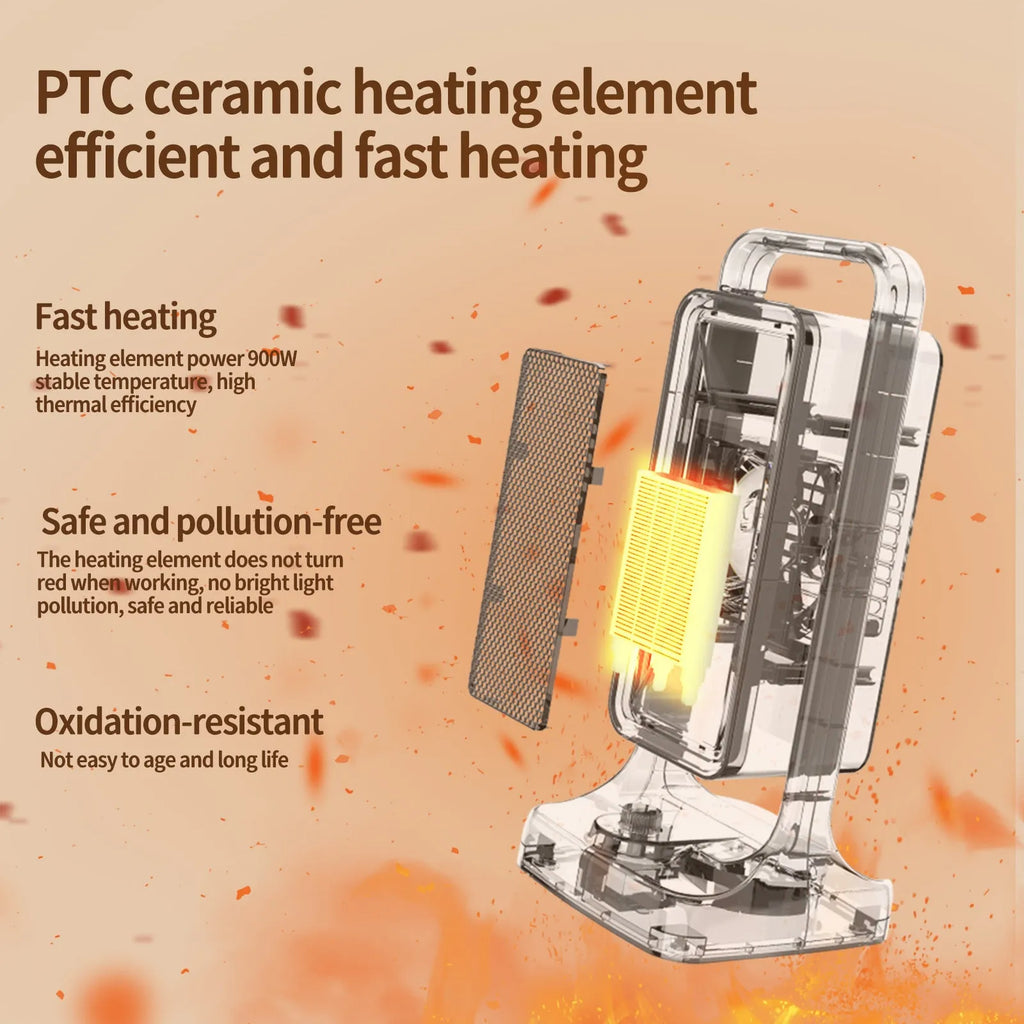 Black PTC ceramic desk heater with control knob, compact rectangular design measuring 14.9x11.1x33.5cm