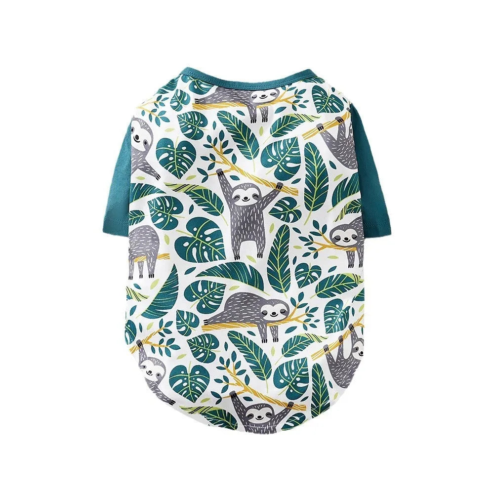 Small dog wearing full print polyester T-shirt clothing in casual style with measured bust and back length
