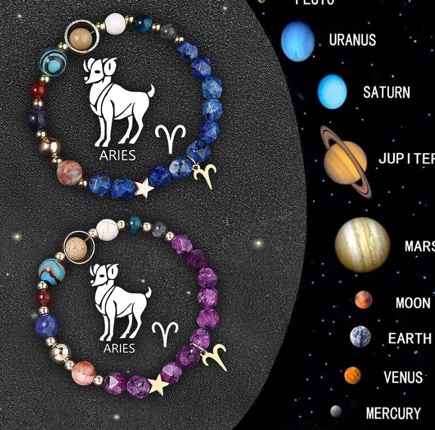 Set of two natural stone beaded bracelets with metal zodiac charms on a dark background.