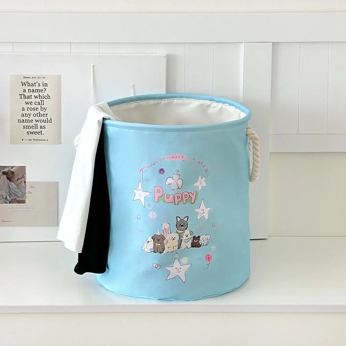 Foldable cotton laundry basket in mint green colour with bear design pattern for bedroom storage