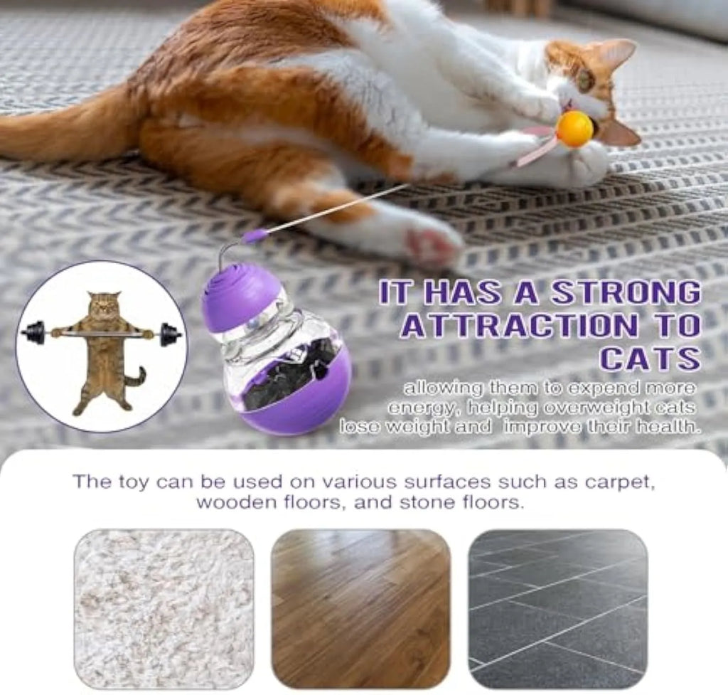 Interactive cat wand toy with feather teaser and food dispenser in pink, purple and yellow colour options