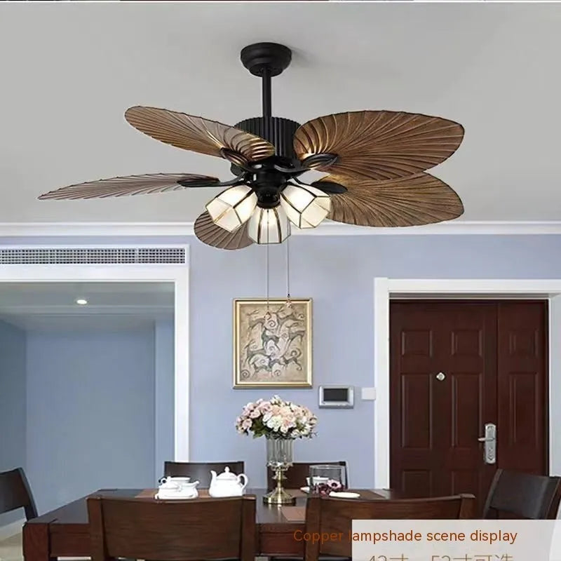 52-inch retro ceiling fan light with rubber leaf blades and integrated lights