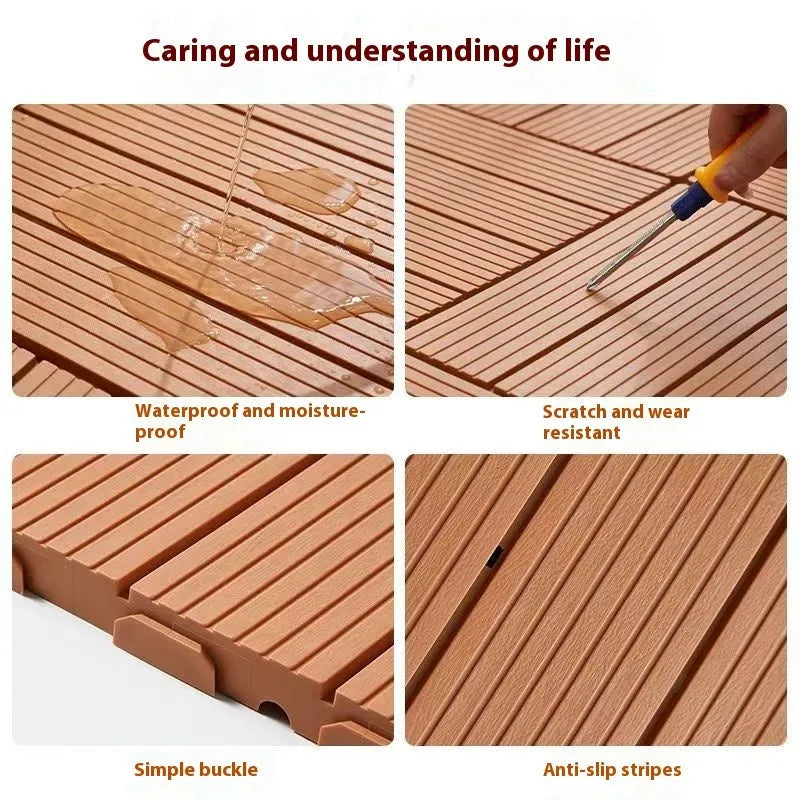Ten square plastic floor tiles with a wood grain pattern, showing a non-slip surface.