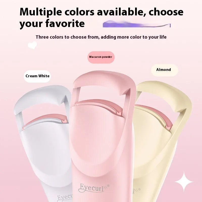 Plastic electric heating eyelash curler with USB cable in cream white, pink, or apricot.