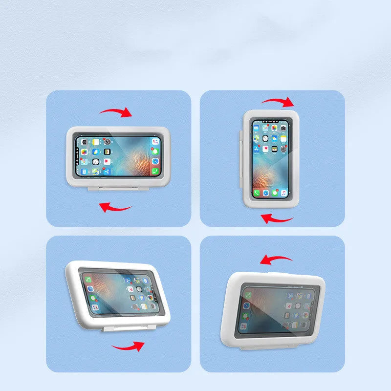 White waterproof phone holder mounted on bathroom tile showing smartphone inside with visible touchscreen