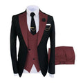 Men's black slim fit three-piece cotton suit with vest for weddings.