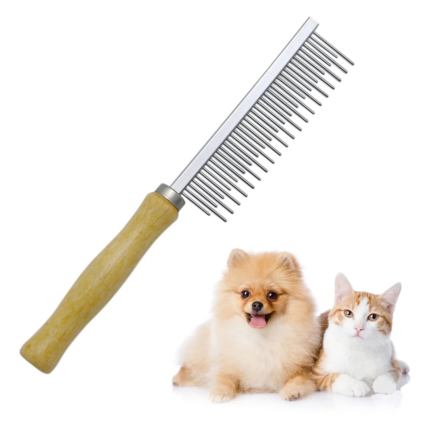 Wooden handle pet grooming comb for dogs and cats on a plain background.