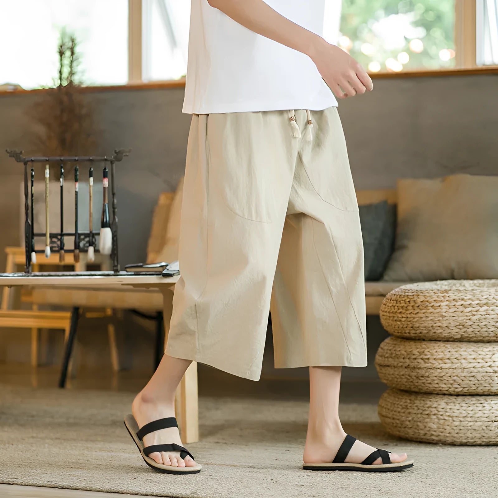 Linen plus size casual shorts in straight leg style with skinny opening at leg.